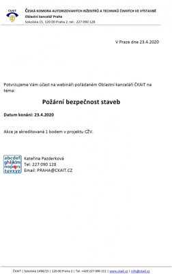 Certifikát Požární bezpečnost staveb 23.4.2020
