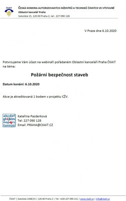 Certifikát Požární bezpečnost staveb 6.10.2020