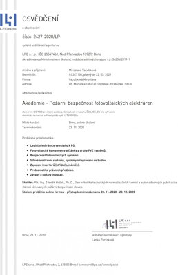 Certifikát Požární bezpečnost fotovoltaických zařízení 23.11.2020